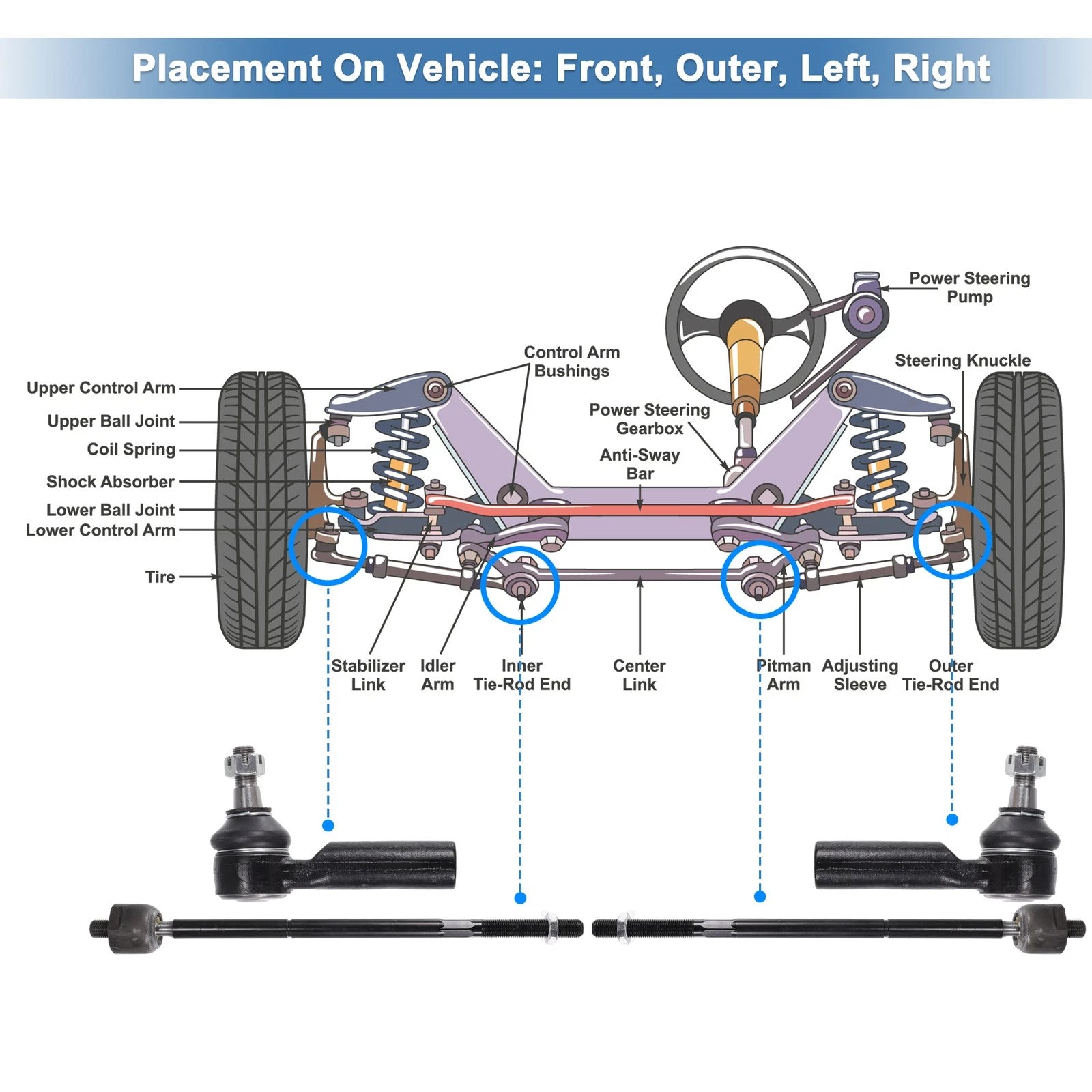 Set of 4 Front Inner Outer Tie Rod End Links for Ford Escape (2009–2012)