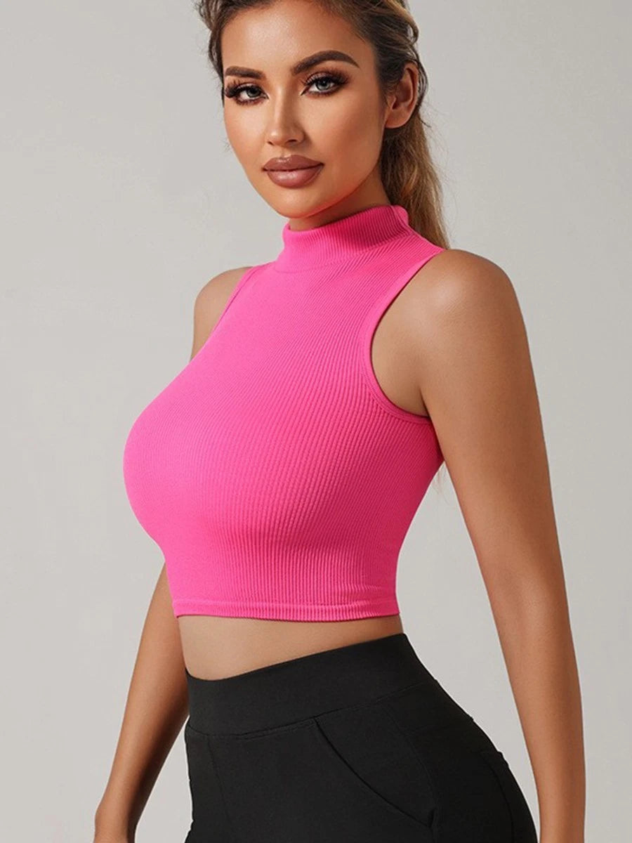 Quick Dry Ribbed High Neck Tank Top for Women (Summer Workouts)