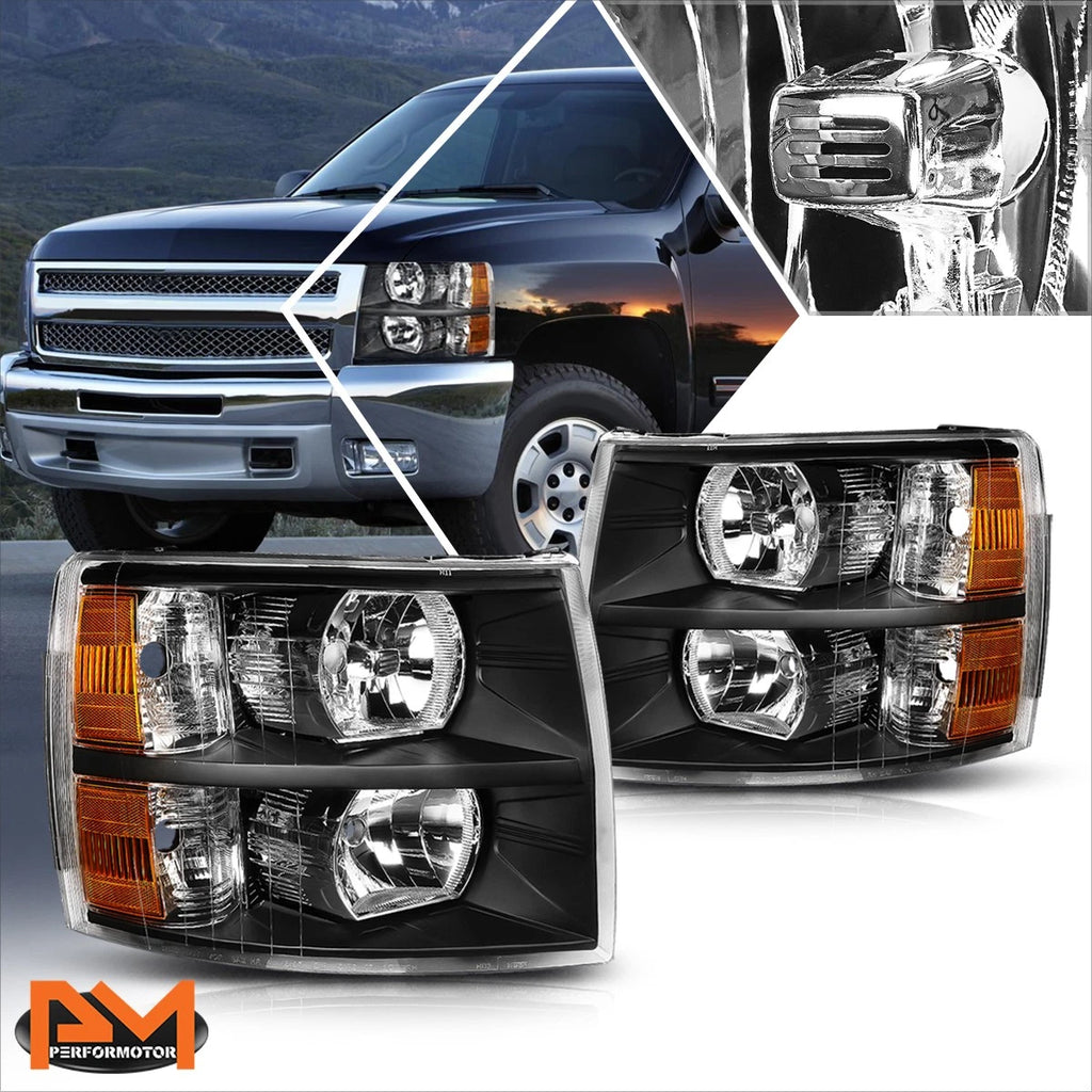 Headlight Lamps Replacement for Chevy Silverado (2007–2014) Black Housing Amber Corner