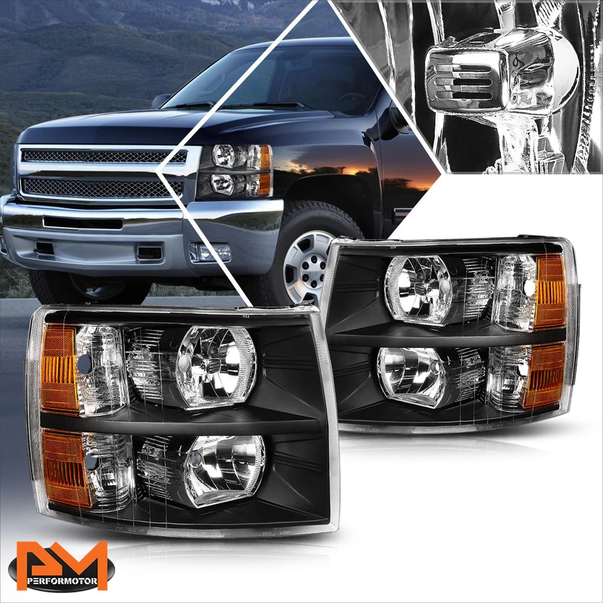 Headlight Lamps Replacement for Chevy Silverado (2007–2014) Black Housing Amber Corner