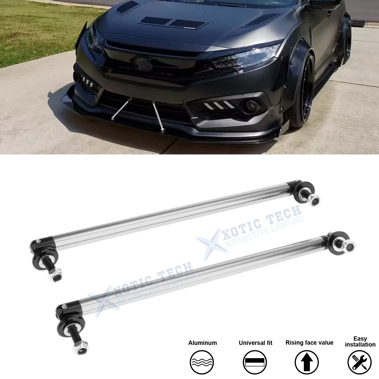 Silver Front Bumper Lip Splitter, Rear Diffuser, Strut Rods for Acura Honda (2013–2022)