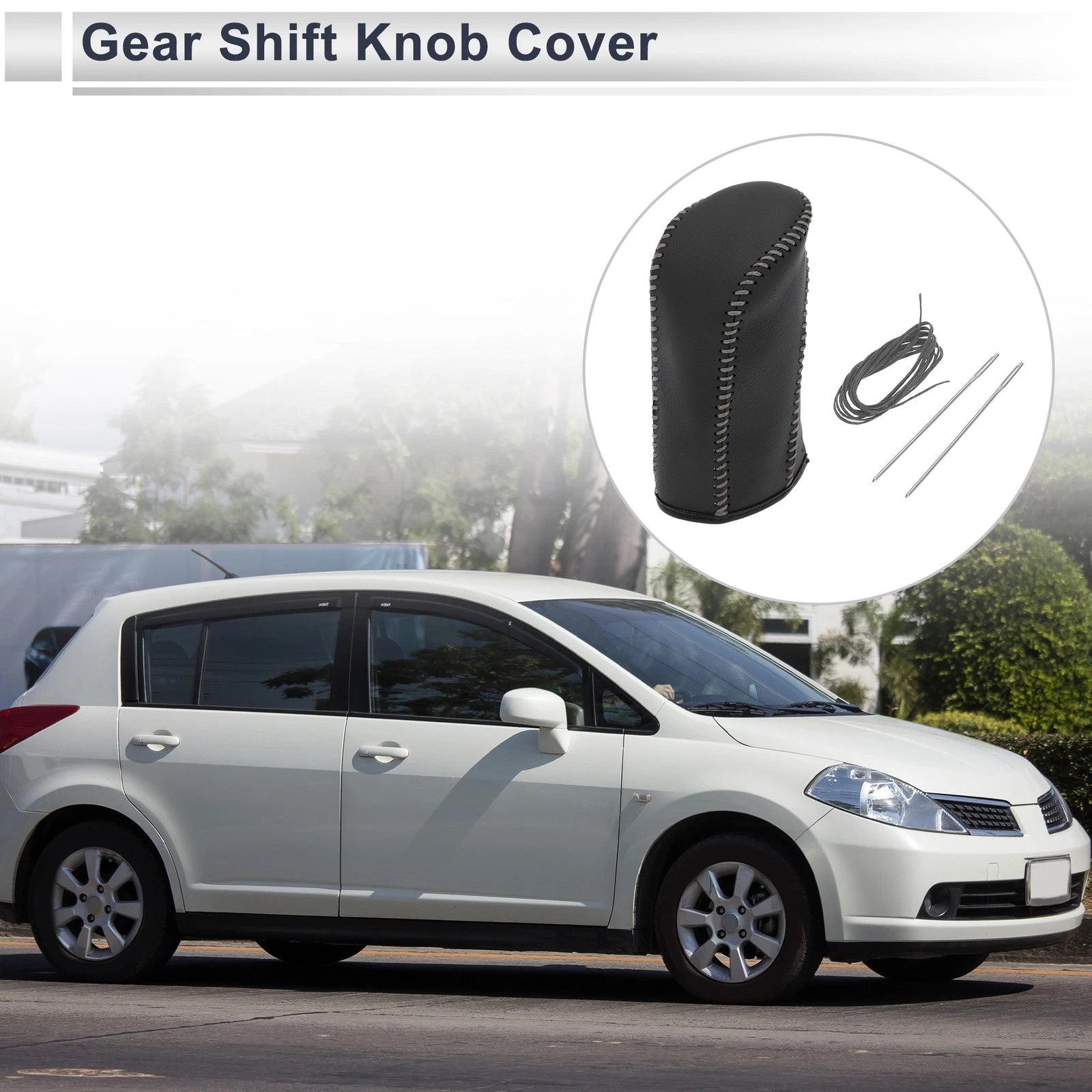Gear Shift Knob Cover for Nissan Tiida (2004–2012) Black Grey Faux Leather