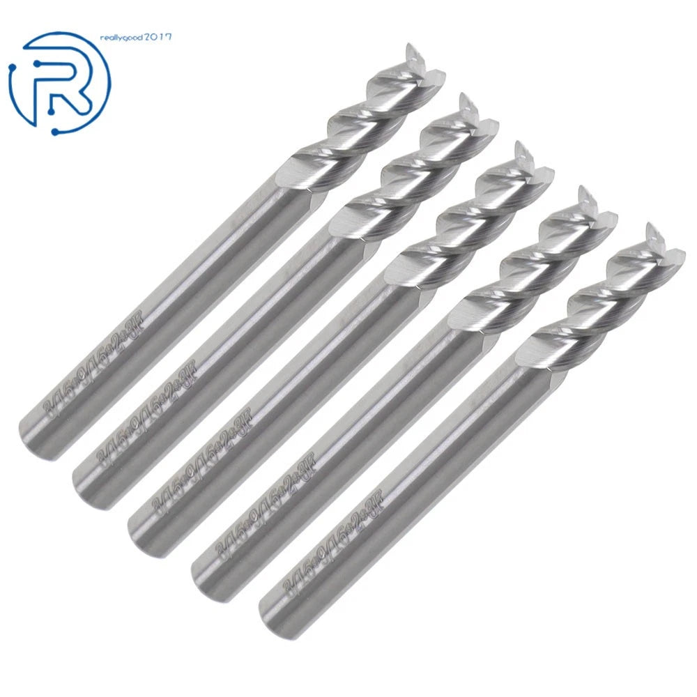 Set of 5 Carbide End Mills for Various Applications (3/16" Flute, 2" Length)