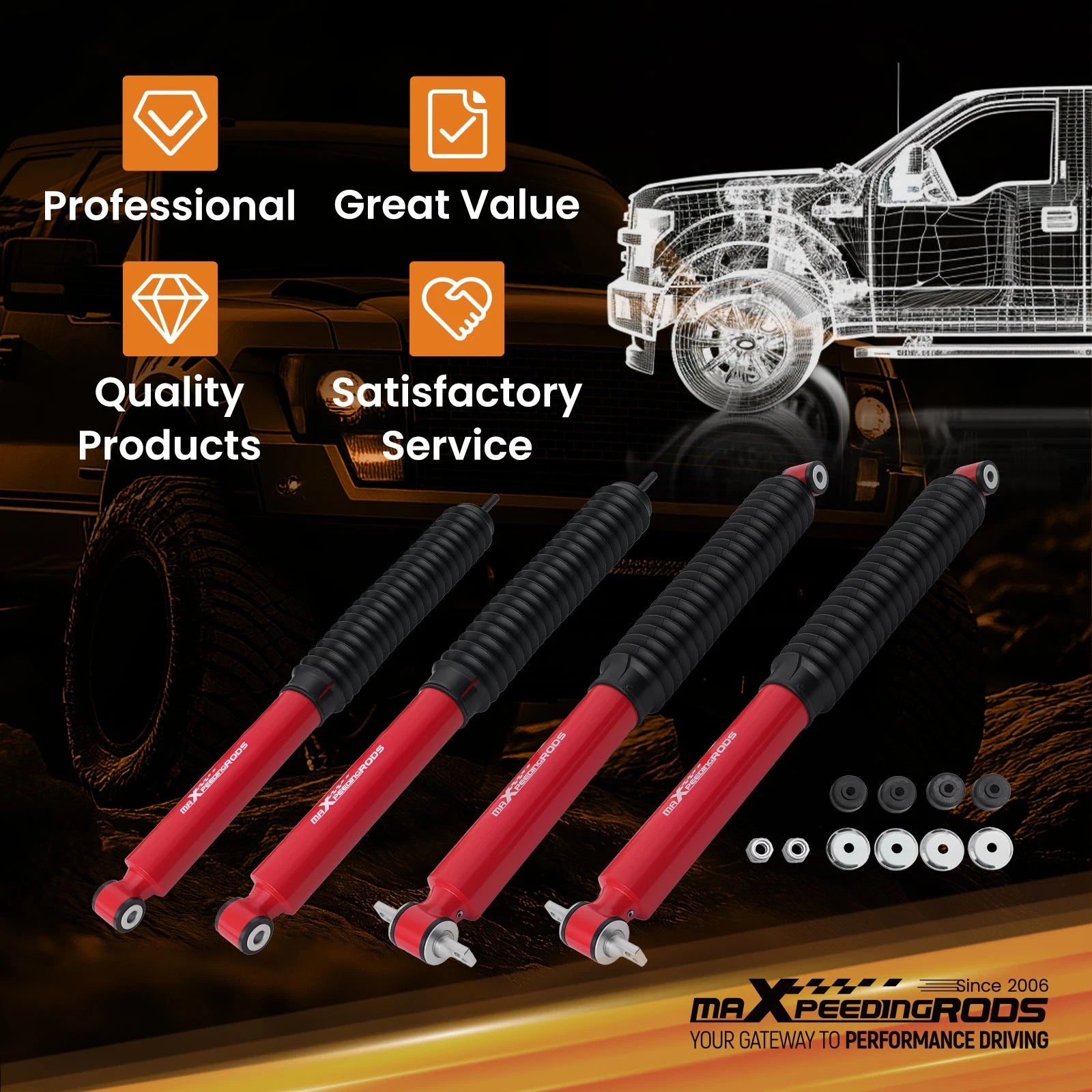 4X Monotube Lift Shock for Jeep Wrangler (2007–2018) Front Rear 1.5-3"