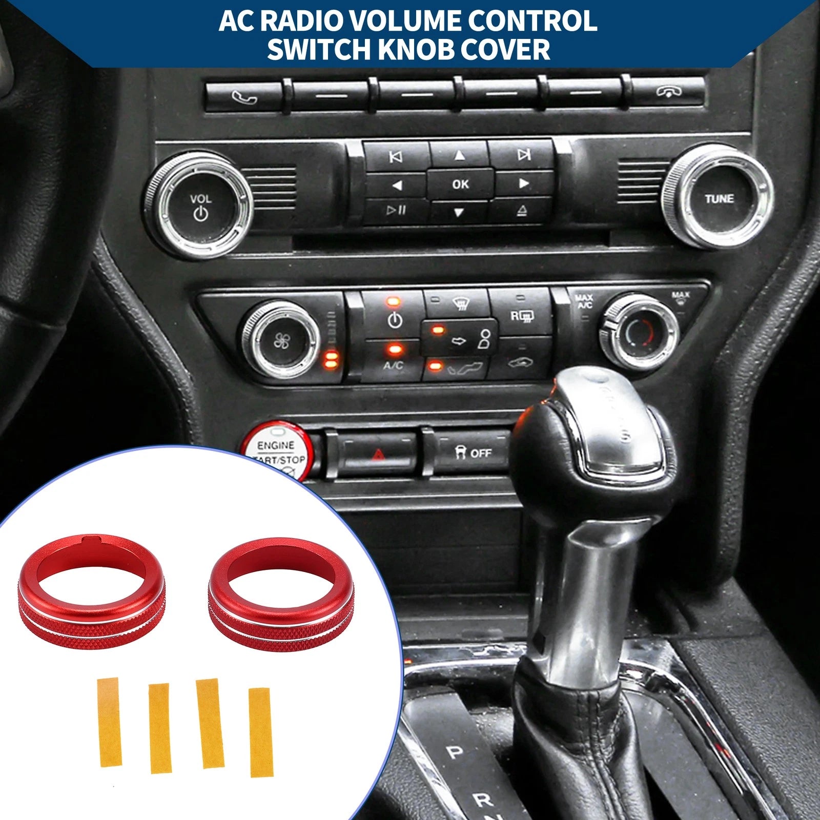 2X AC Climate Switch Knob Cover Ring for Ford Mustang (2015–2021) Red