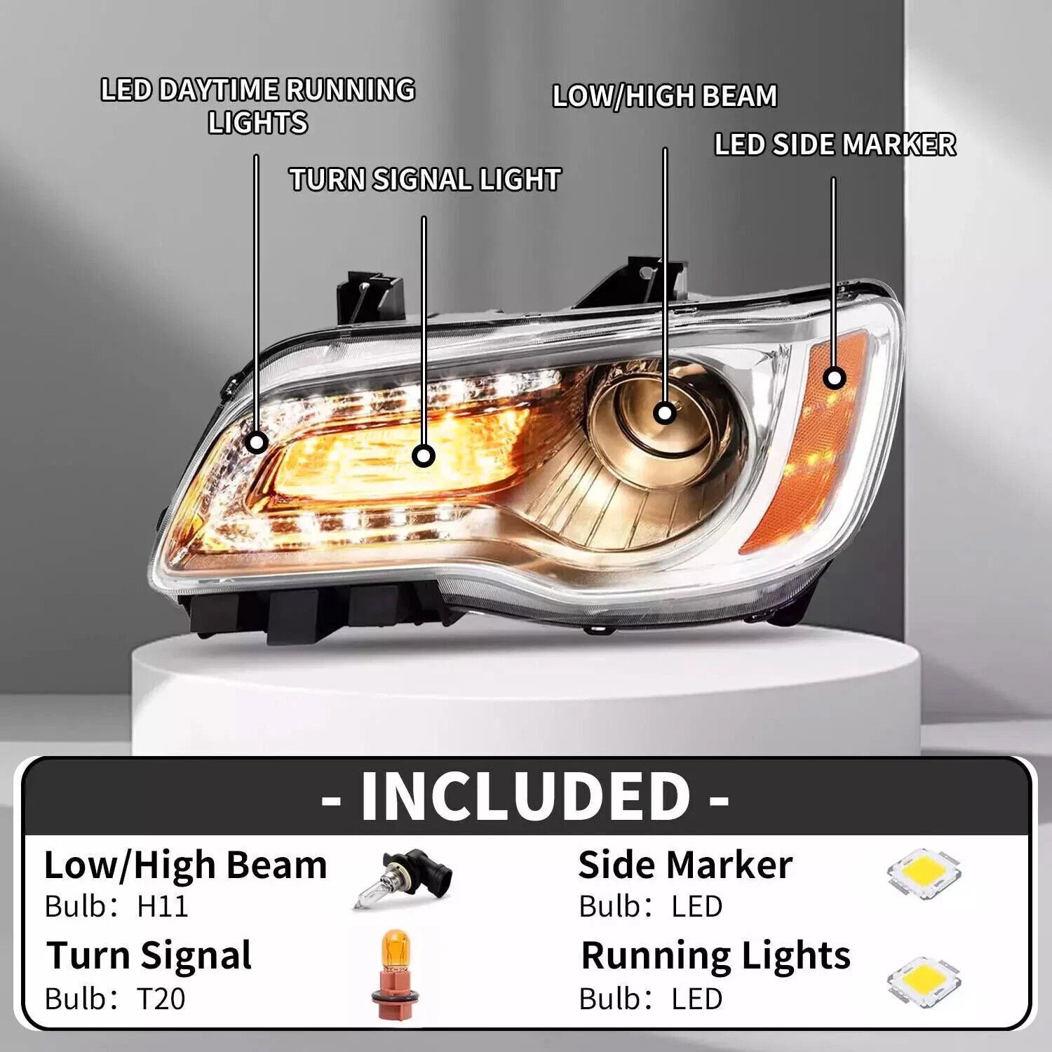 Chrome LED DRL Projector Headlights for Chrysler 300 (2011-2023)