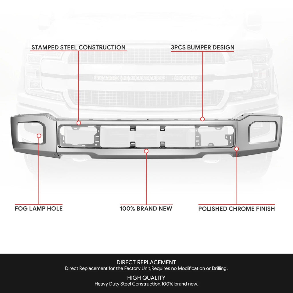 Front Bumper Face Bar for Ford F-150 (2018–2020) w/Fog Light Hole Chrome