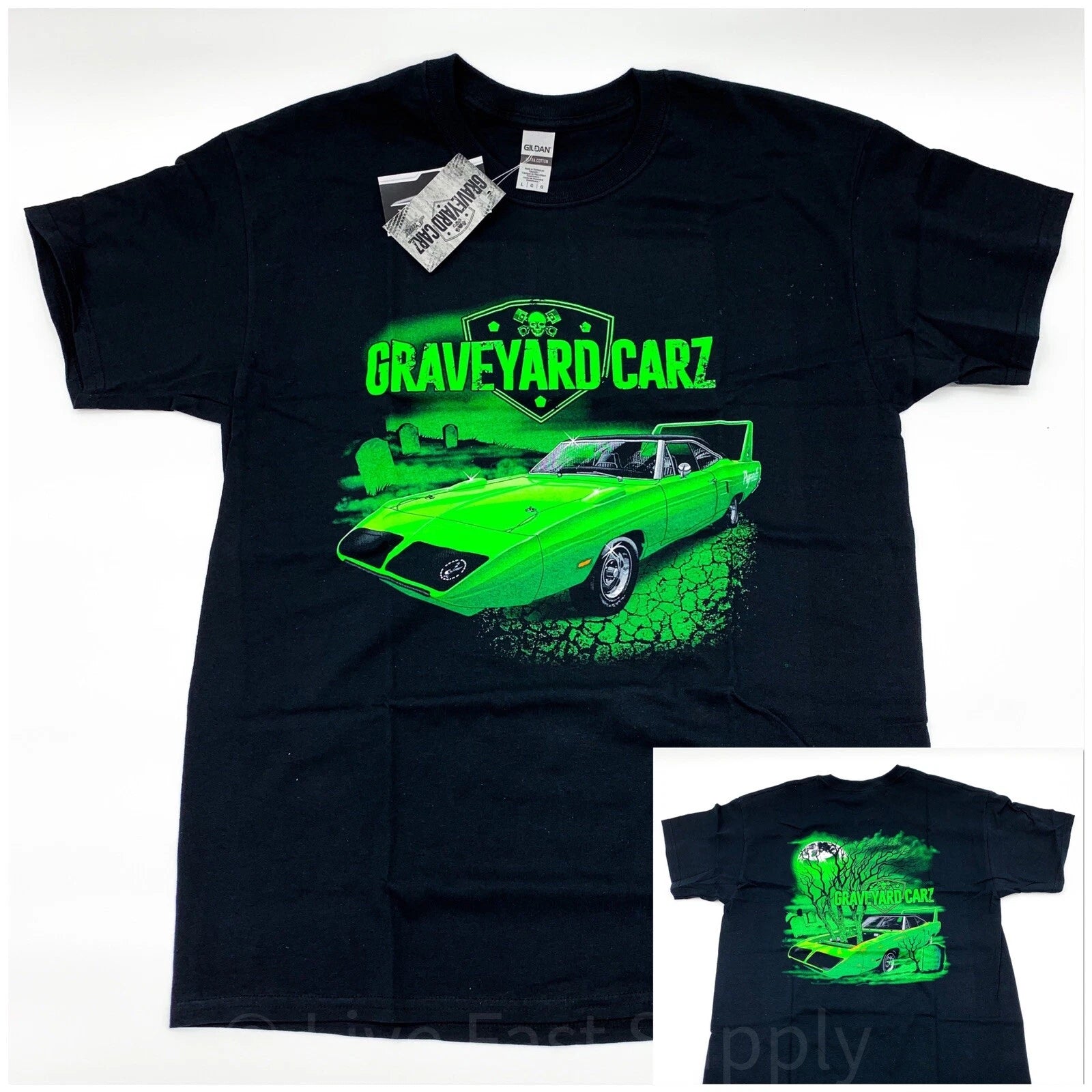 Licensed T Shirt for Plymouth Superbird Restored Black with Green (Road)