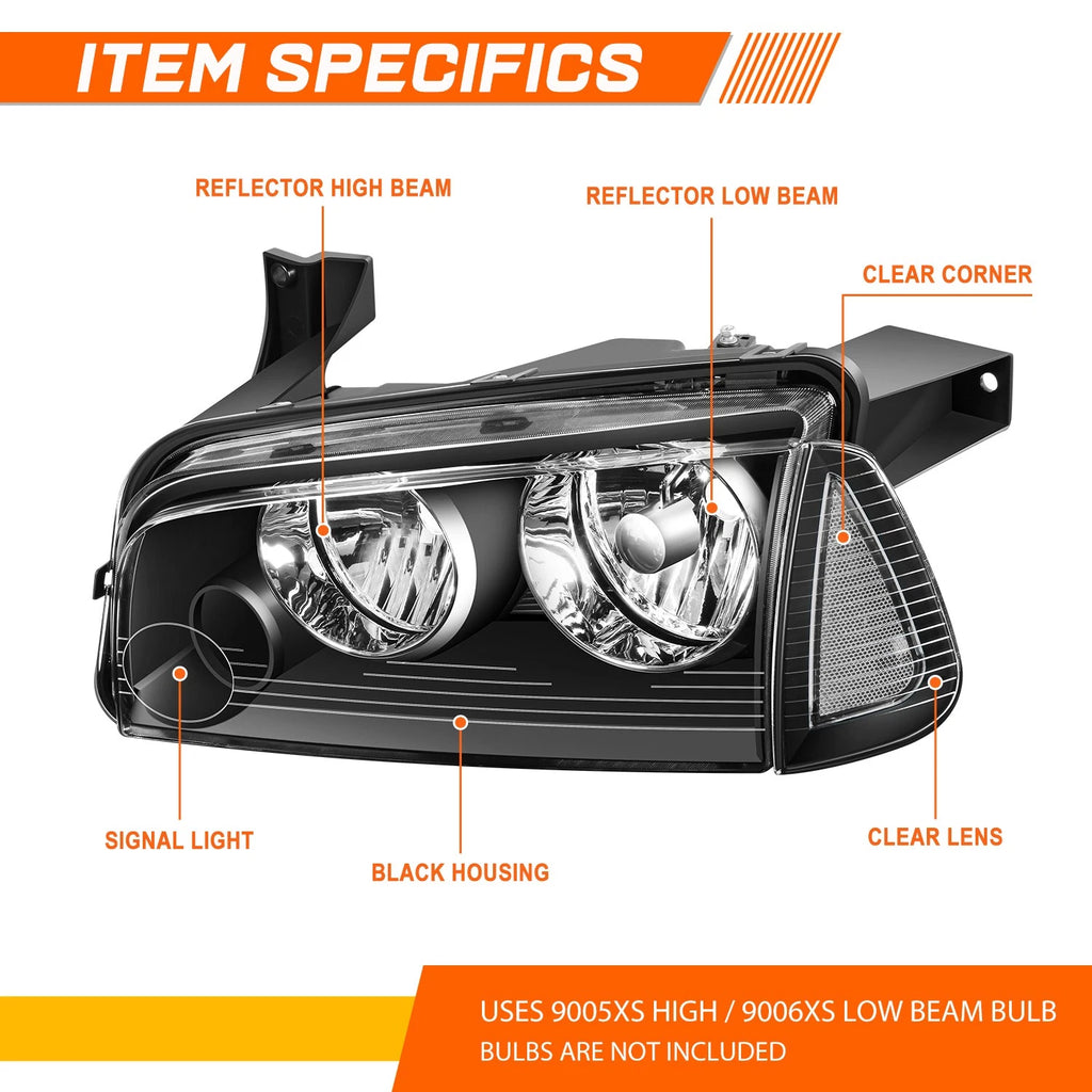 Headlight Lamps for Dodge Charger (2006–2010) Black Housing Clear Lens