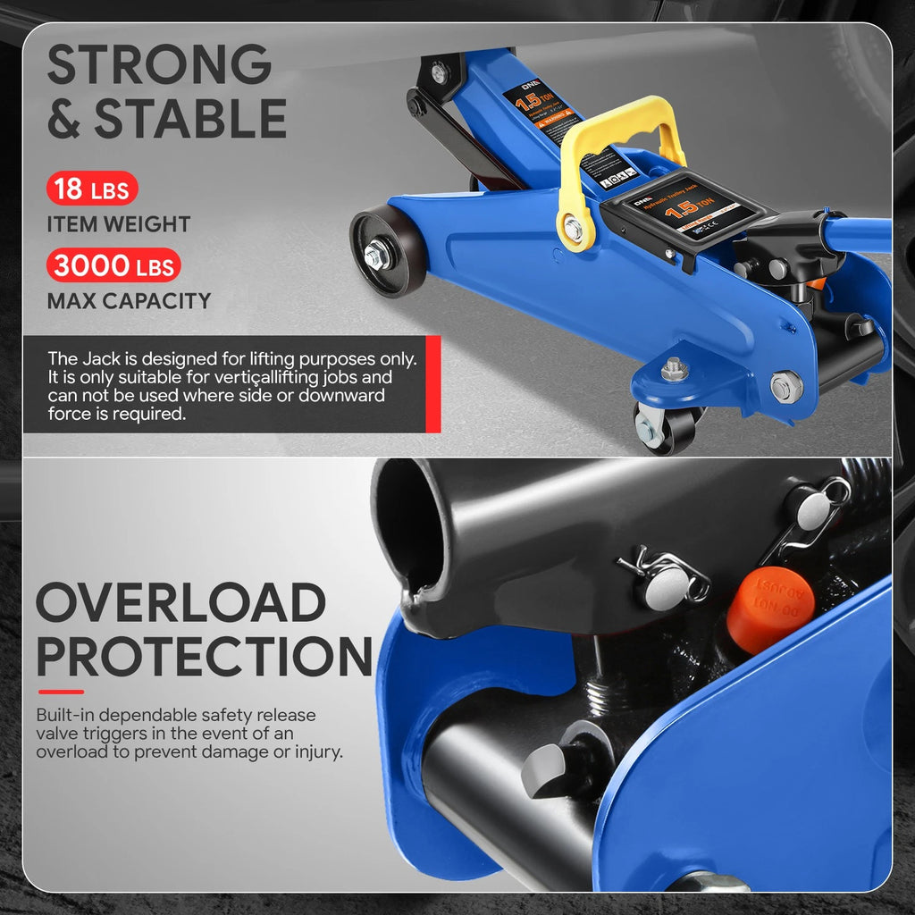 1.5 Ton Low Profile Hydraulic Floor Jack for Universal Use (5.3"-12" Lift)