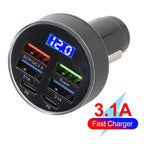 6-Port Car Charger with LED Display and USB Outputs for Vehicles