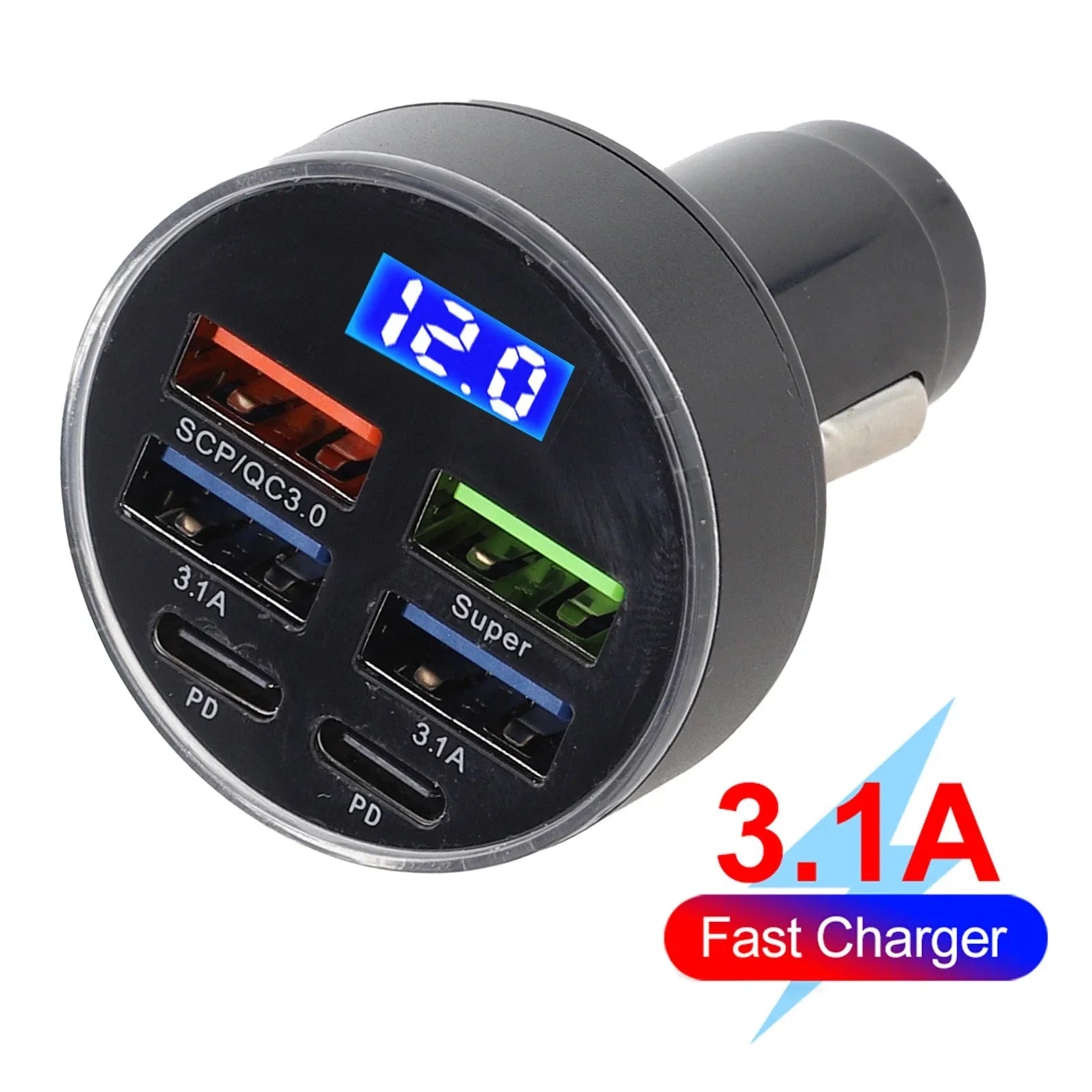 6-Port Car Charger with LED Display and USB Outputs for Vehicles