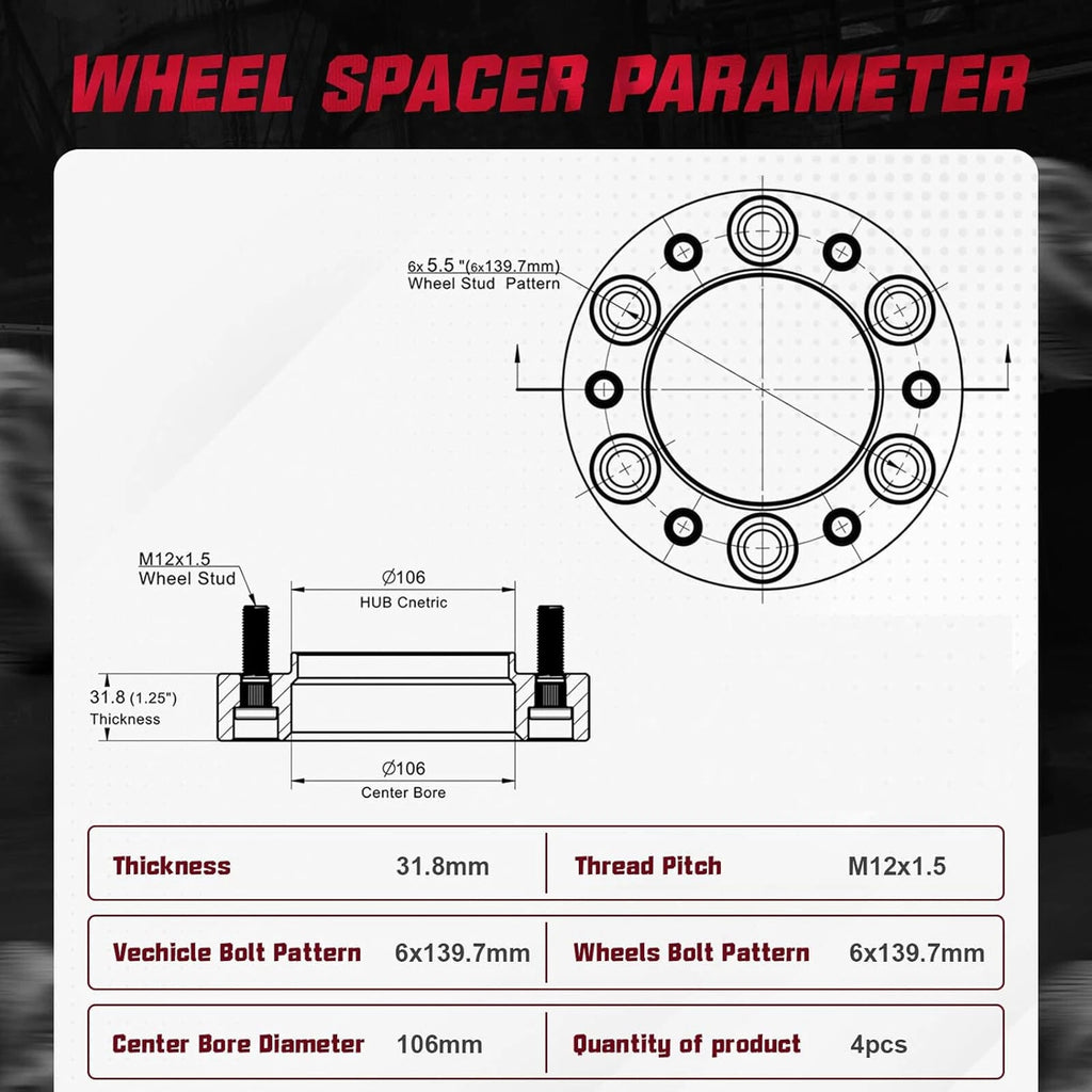 Set of 4 Hubcentric Wheel Spacers 1.25" for Tacoma FJ Cruiser 4Runner (2005–2023)
