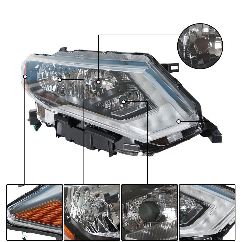 Set of 2 Chrome Halogen Projector Headlights for Nissan Rogue (2017-2019)