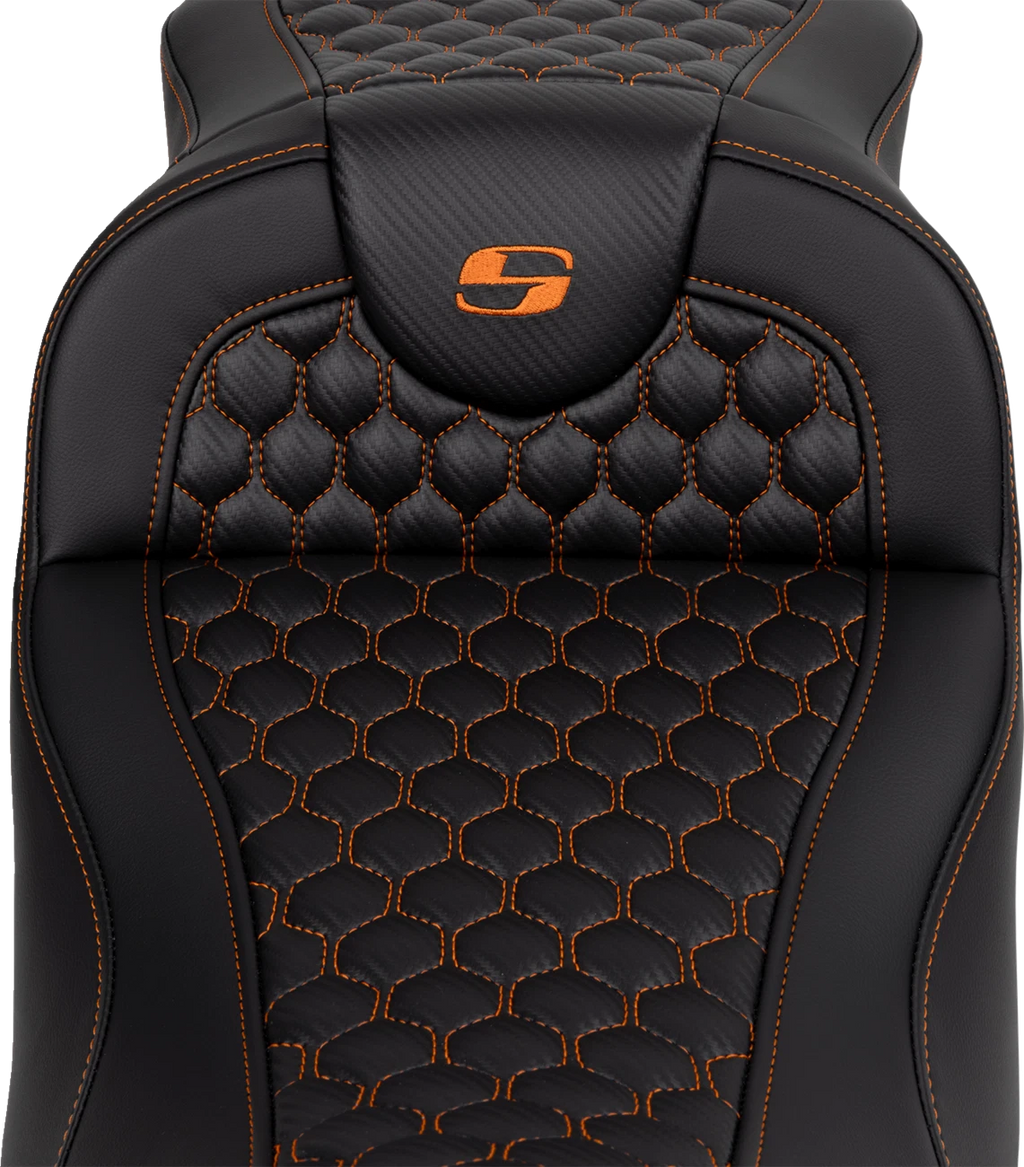 SADDLEMEN RoadSofa Seat for Harley Davidson (Extended Reach, Honeycomb, Orange Stitch)