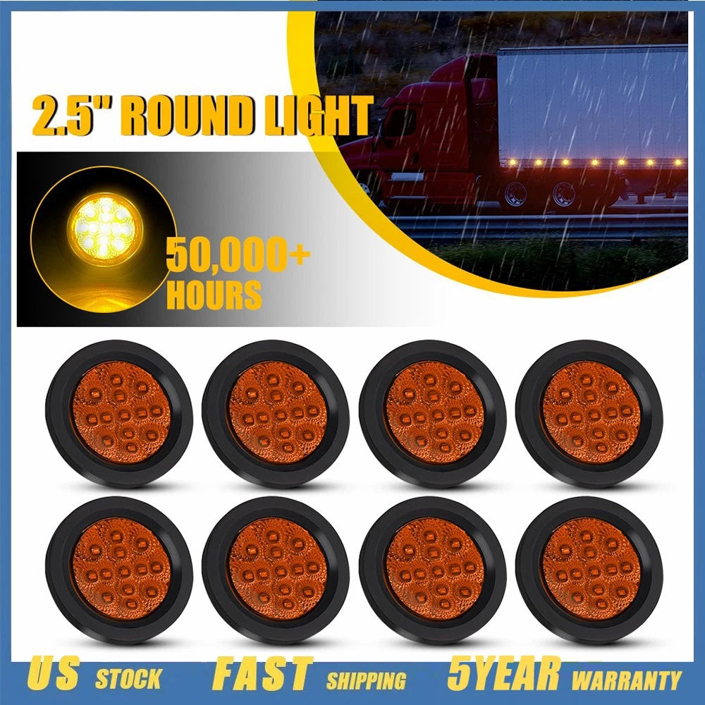 8pc 2.5 Inch DOT Round Amber LED Side Marker Lights for Truck H