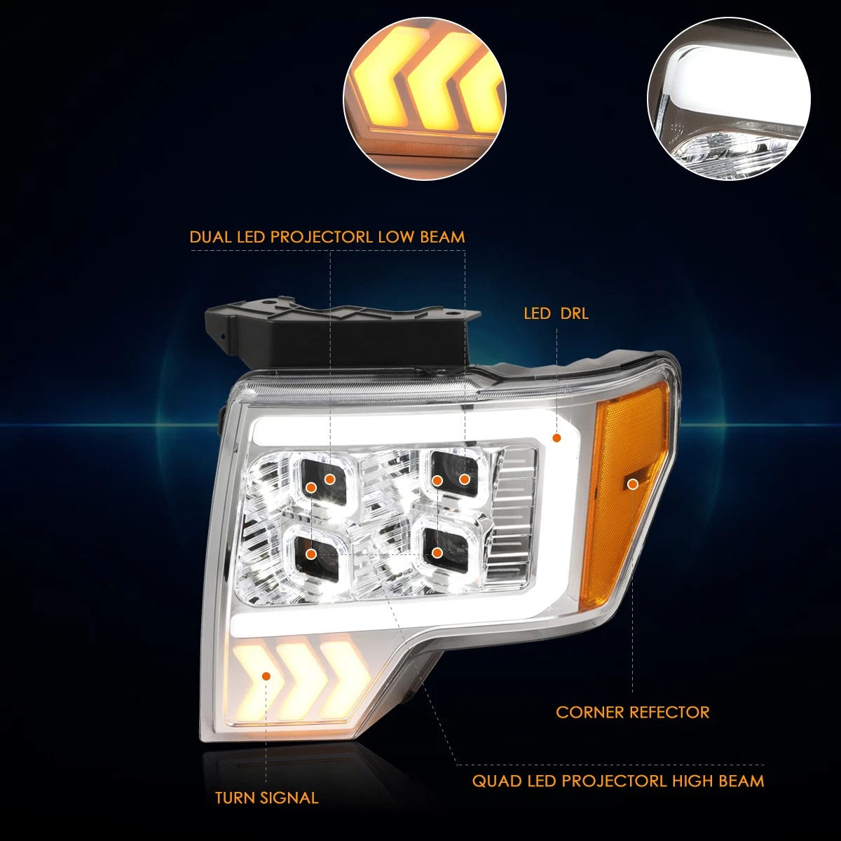 Quad LED DRL + Arrow Signal Projector Headlights for Ford F150 (2009–2014)