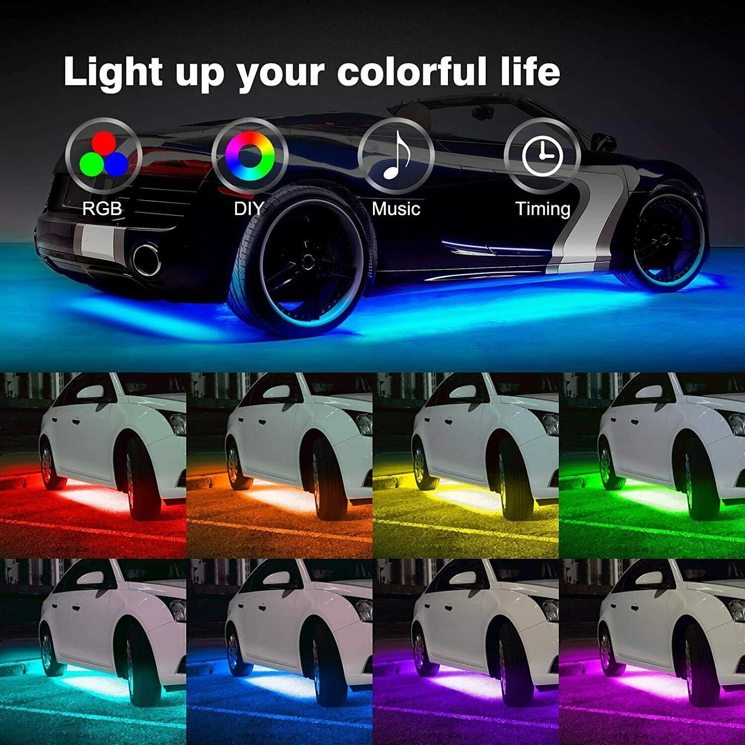 Set of 4 RGB LED Underbody Neon Light Kit for Automotive