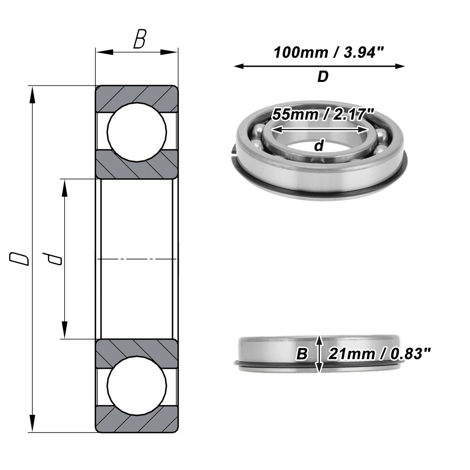 Deep Groove Ball Bearing 6211NR for Scooter Skateboard (55x100x21mm)