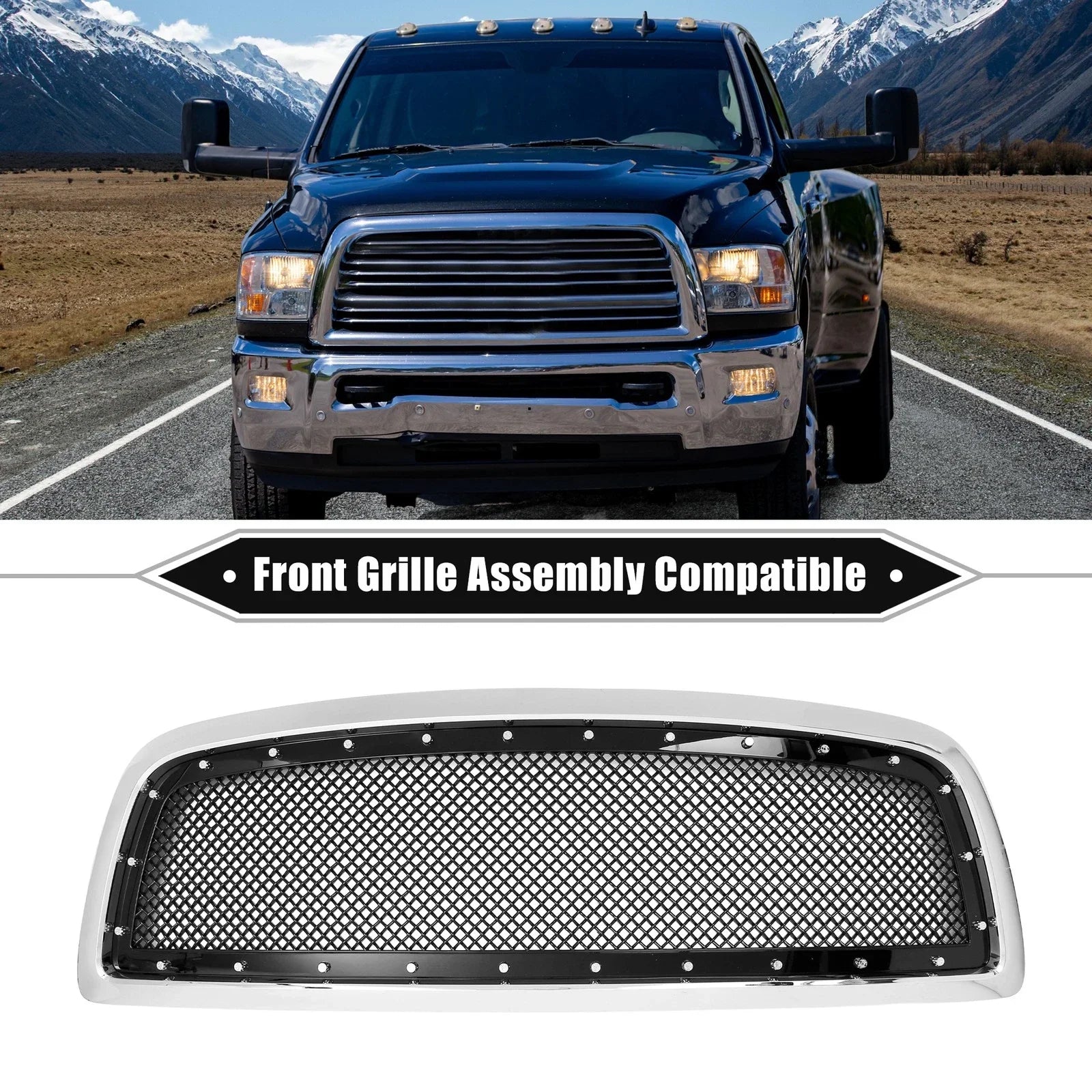 Front Grille Assembly for Dodge Ram Chrome Silver Tone Gloss Black