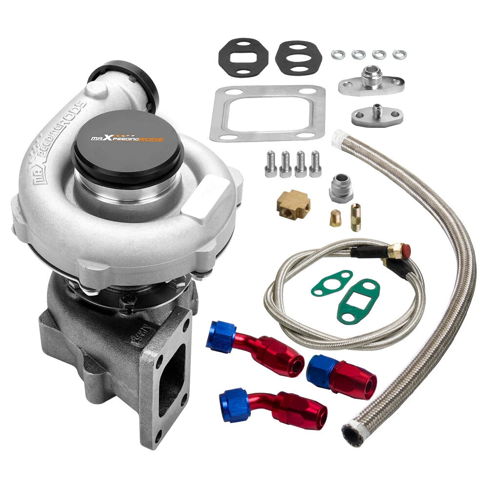 T3/T4 Billet Turbo .63 A/R T04E 400+HP w/ Oil Return Feed Lines Kit