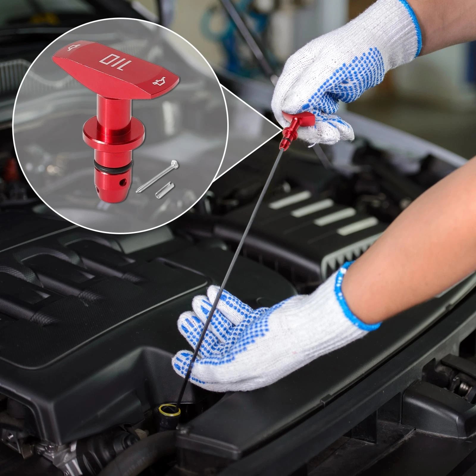 2 Pcs Oil Dipstick Pull Handle for Ford Mustang GT V8 GT500 (2015–2023) Red Aluminum