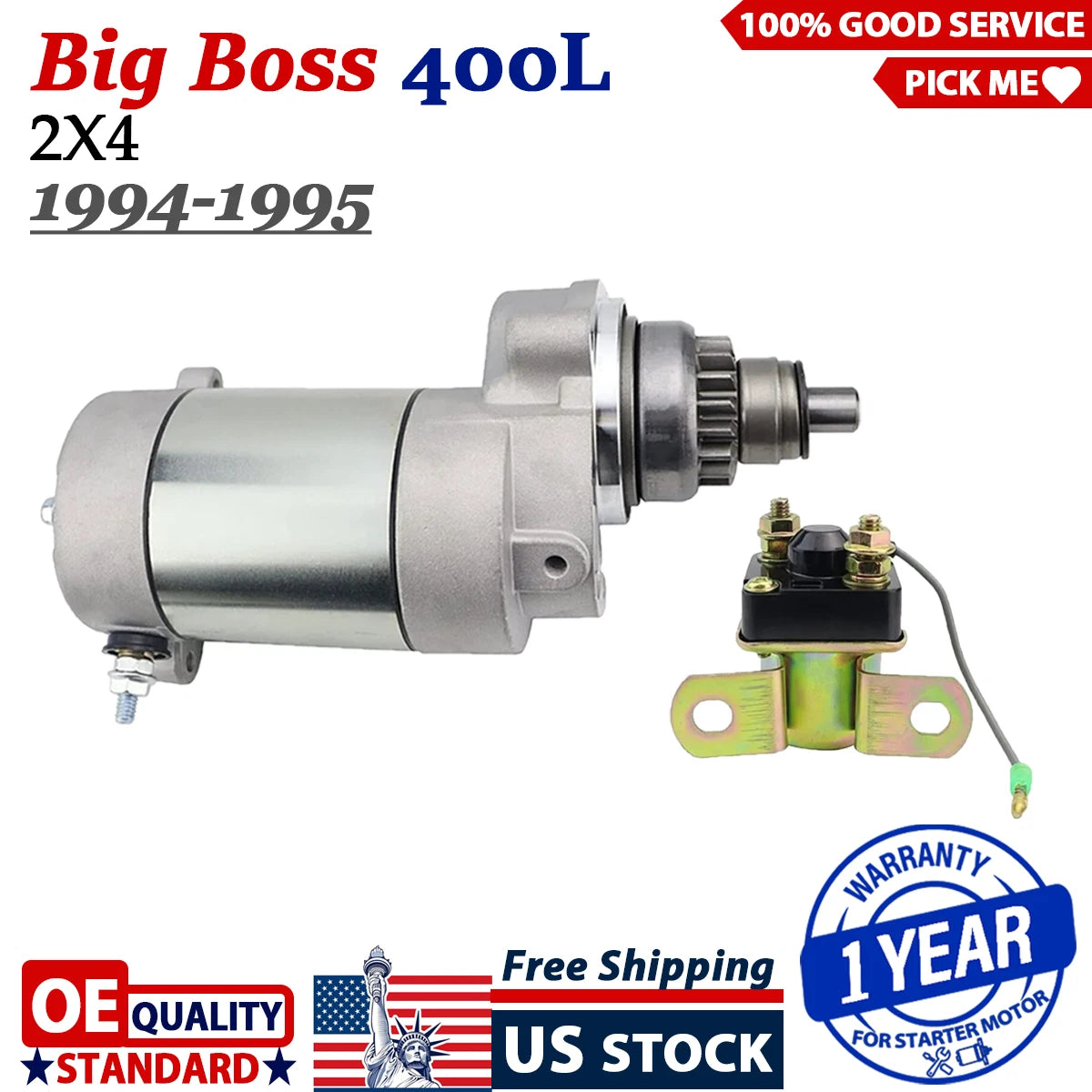 Starter Motor for Polaris Big Boss 400L 2X4 (1994–1995) W/Bendix & Relay