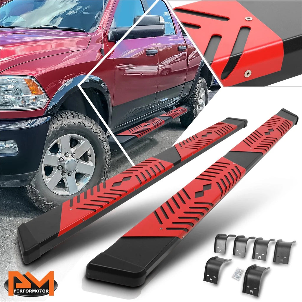 Set of 2 Black Running Boards w/Red Step Pad for Dodge Ram 1500-3500 (2009–2024)