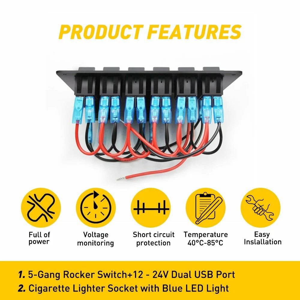 6 Gang LED Rocker Switch Panel for Marine Boat