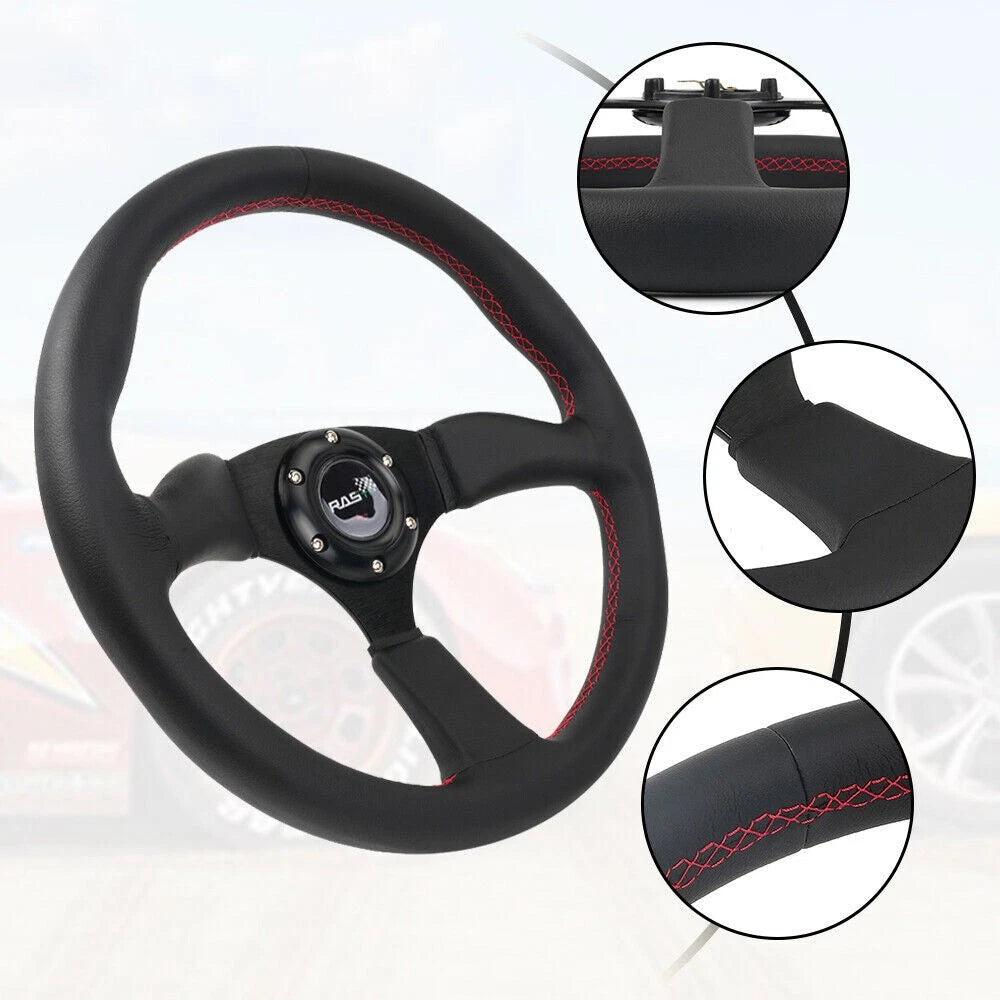 Genuine Leather Steering Wheel with Horn + Hub Adapter for Dodge Chevy GM