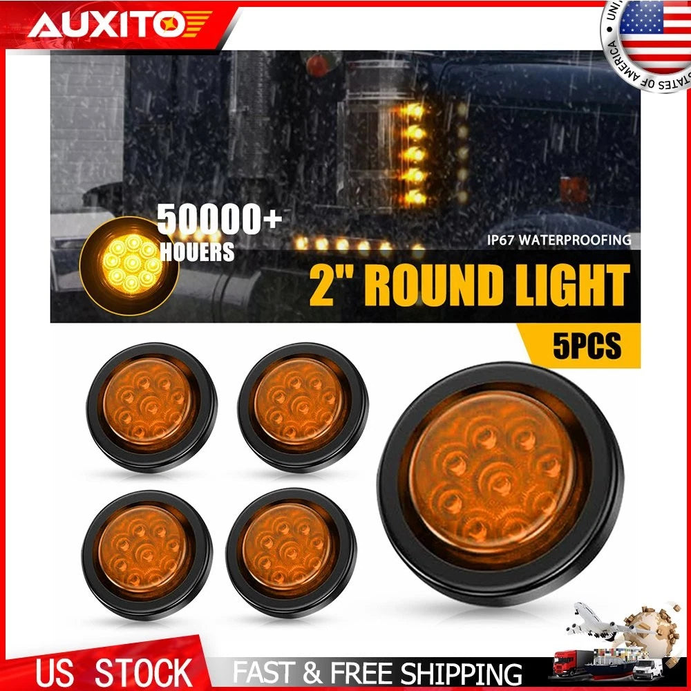 Set of 5 2" Round Amber 9 LED Light for Trailer Side Marker & Clearance