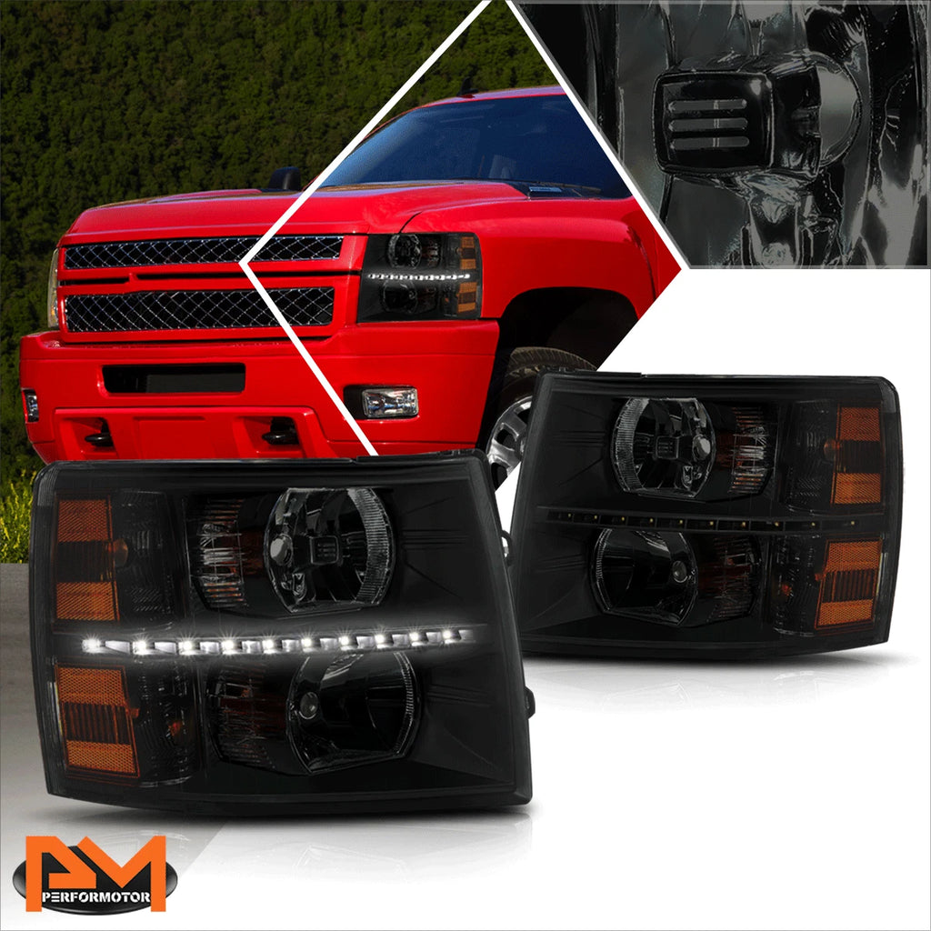 LED DRL Strip Headlight for Chevy Silverado (2007–2014) Smoked Housing Amber Side