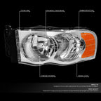 Pair of Chrome/Amber Signal Headlight Lamps for Dodge Ram Pickup (2002–2005)