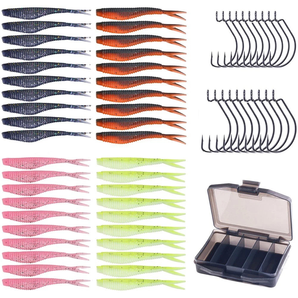 Set of 60 Soft Fishing Lures 6cm with Hooks and Storage Box for Freshwater Fish