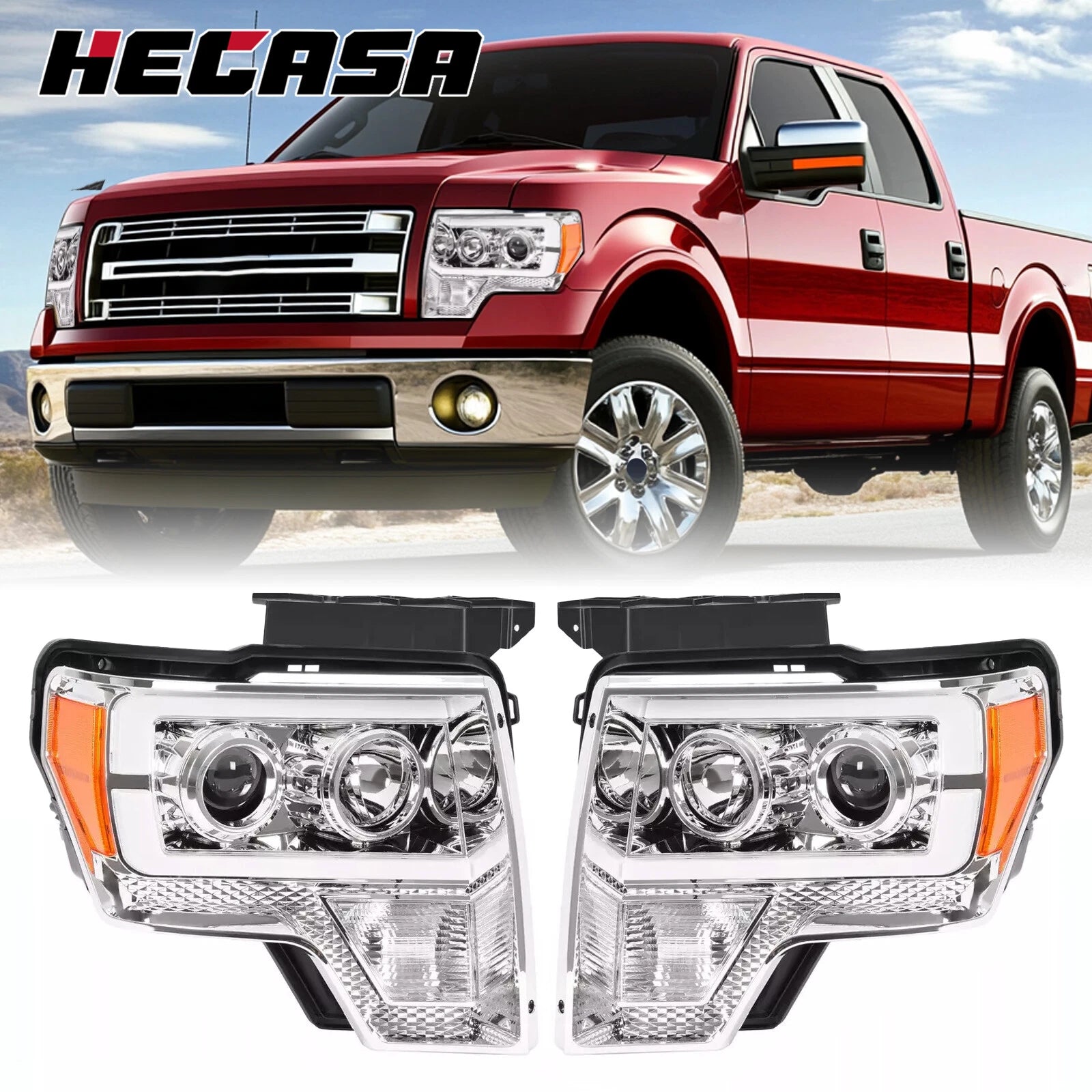 2X LED Tube DRL Projector Headlights for Ford F150 (2009–2014)