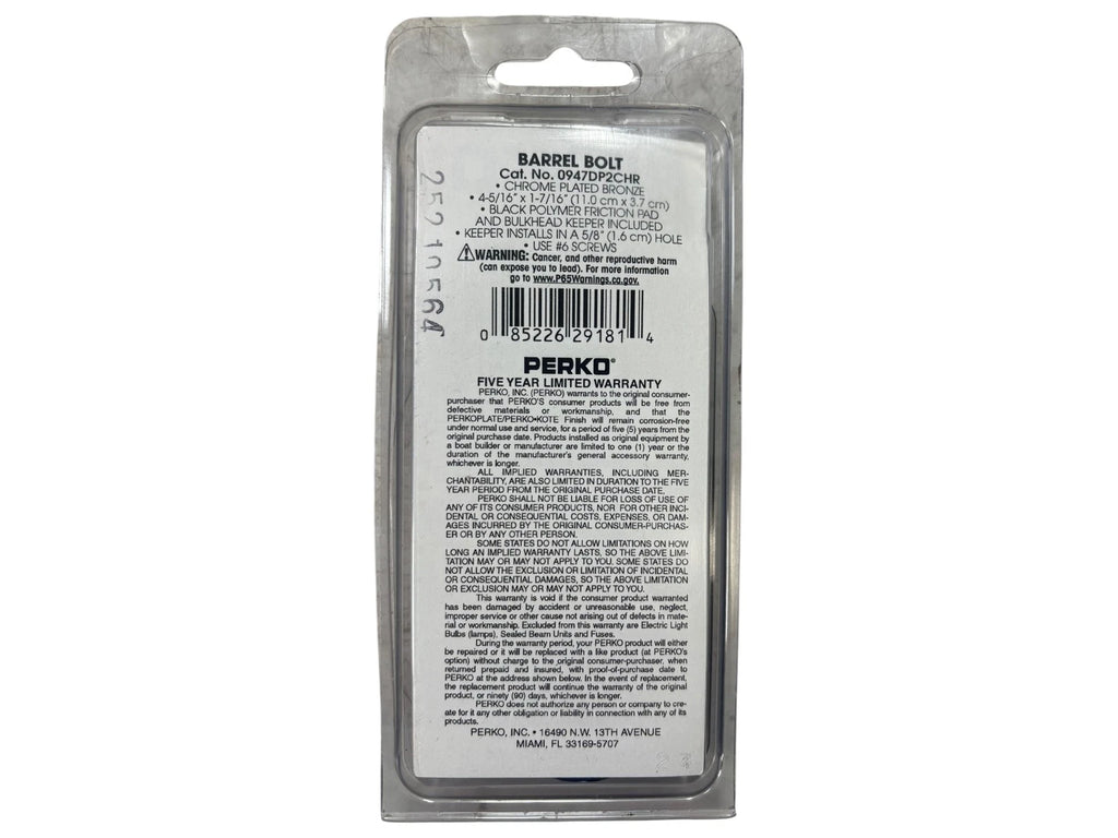 Perko 0947DP2CHR Chrome Plated Bronze Marine Barrel Bolt for Marine (N/A)