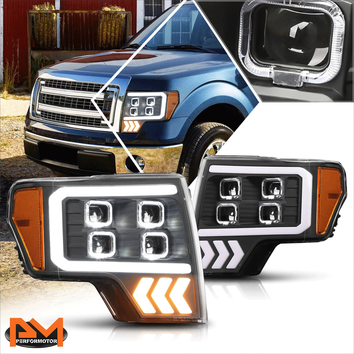 Quad LED DRL+Arrow Signal Projector Headlights for Ford F150 (2009–2014)