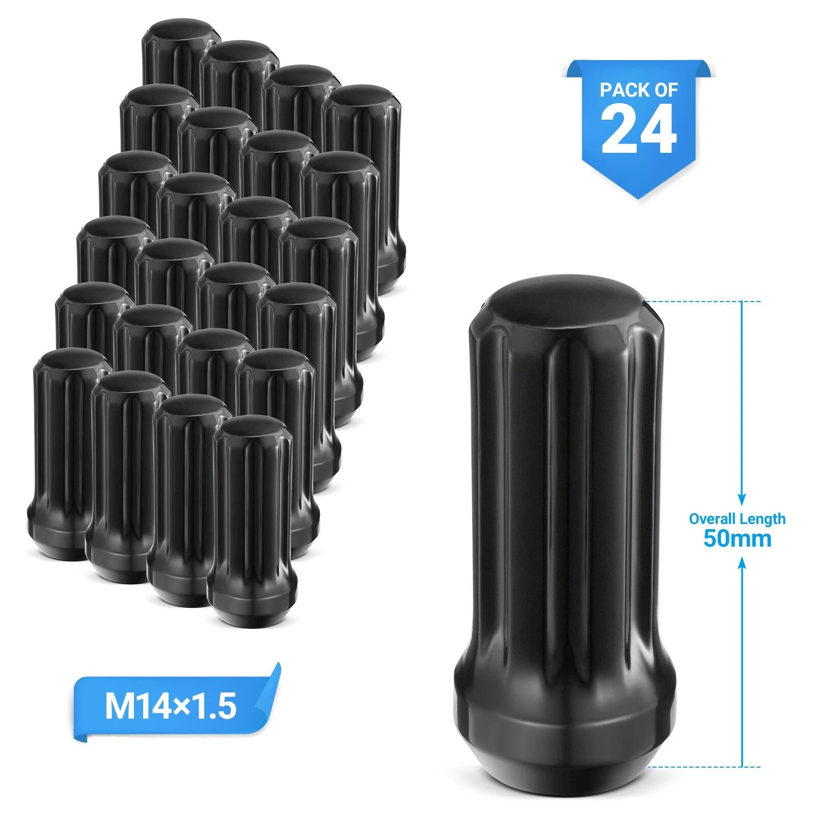 24x Black M14x1.5 Spline Lug Nuts + Key for Chevy Silverado 1500 (1999–2022)