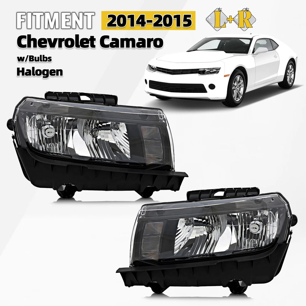 Pair Halogen Headlights for Chevy Camaro (2014–2015) - Black, With Bulbs
