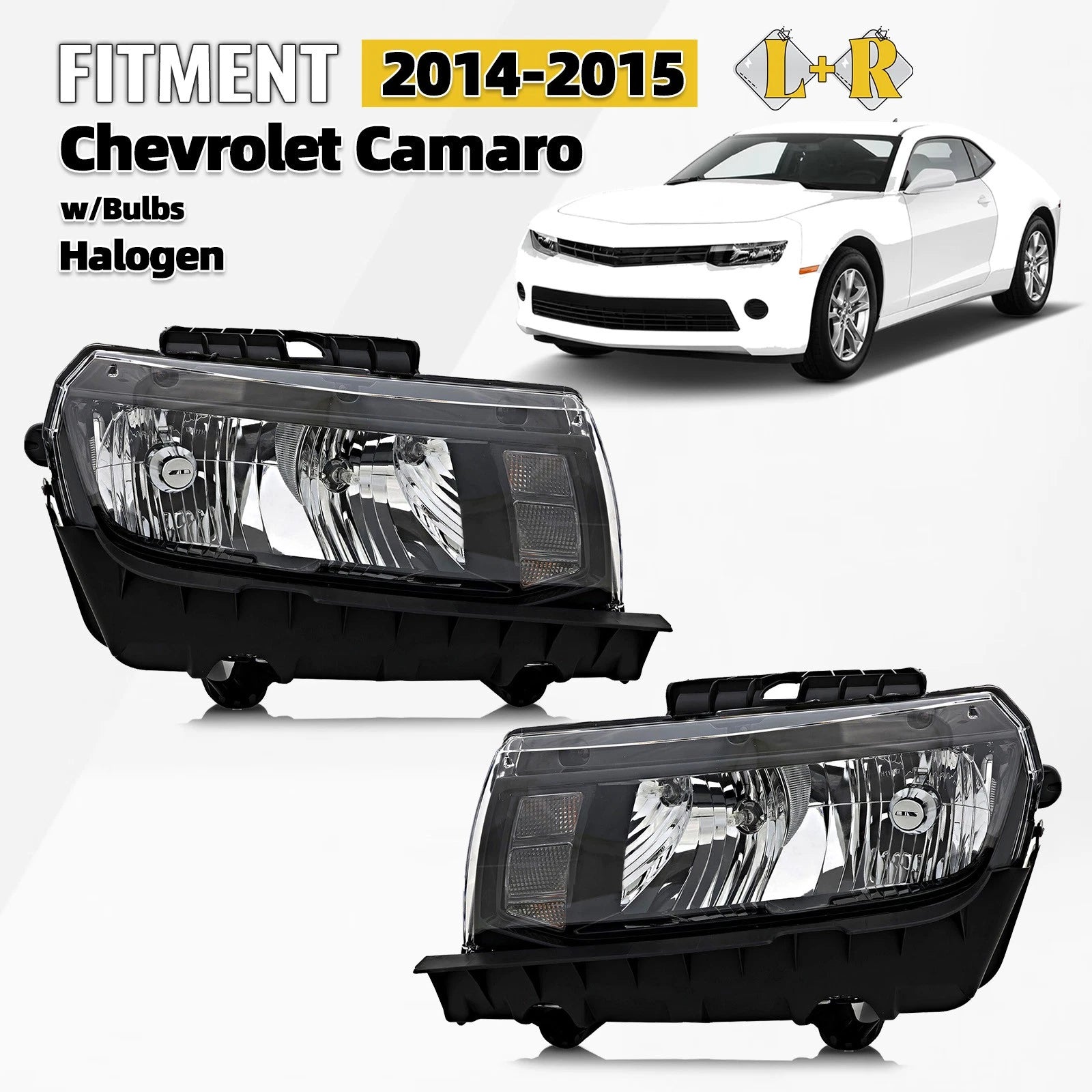 Pair Halogen Headlights for Chevy Camaro (2014–2015) - Black, With Bulbs