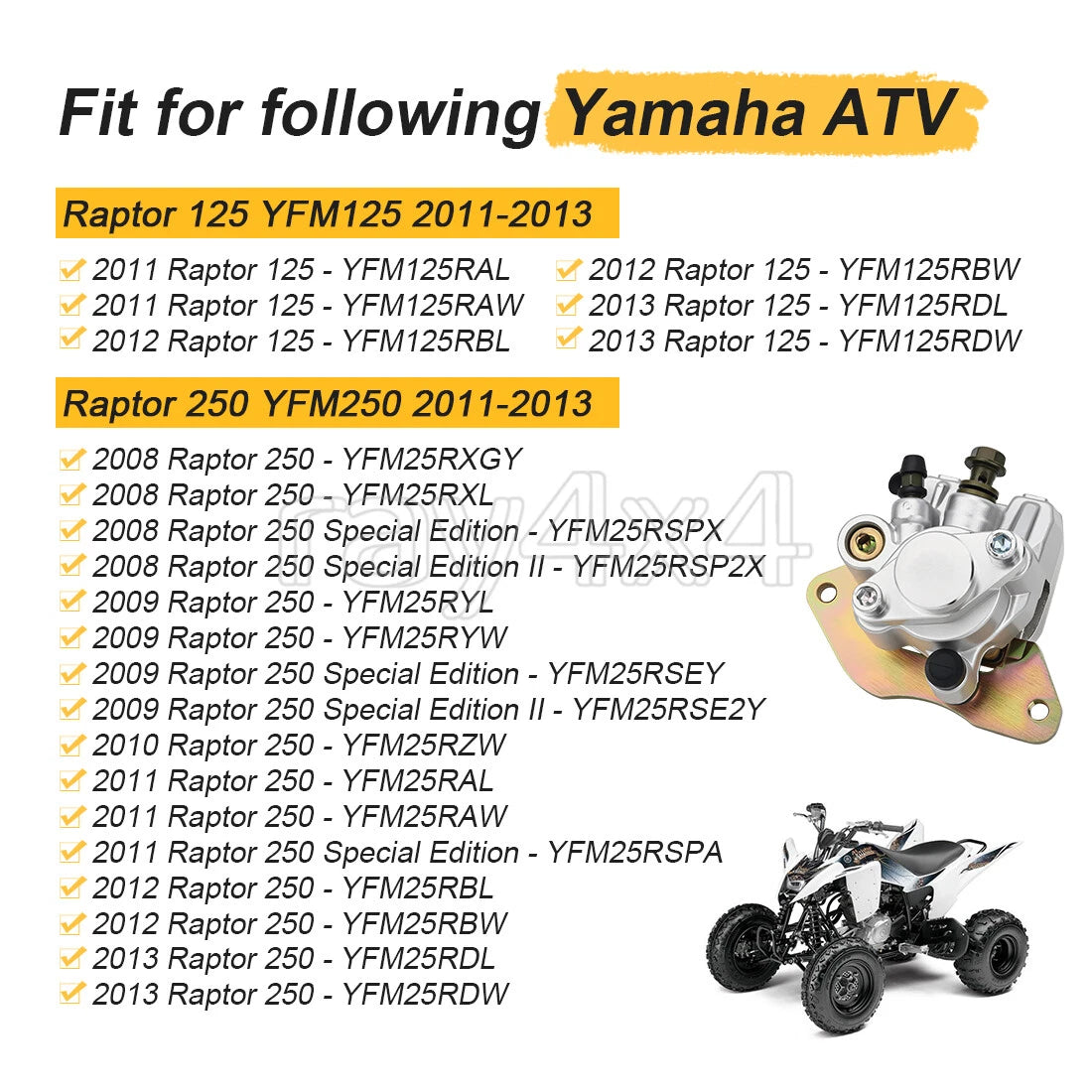 Rear Brake Caliper & Pads for Yamaha Raptor 250 (2011–2013) 5YT-2580W-10-00