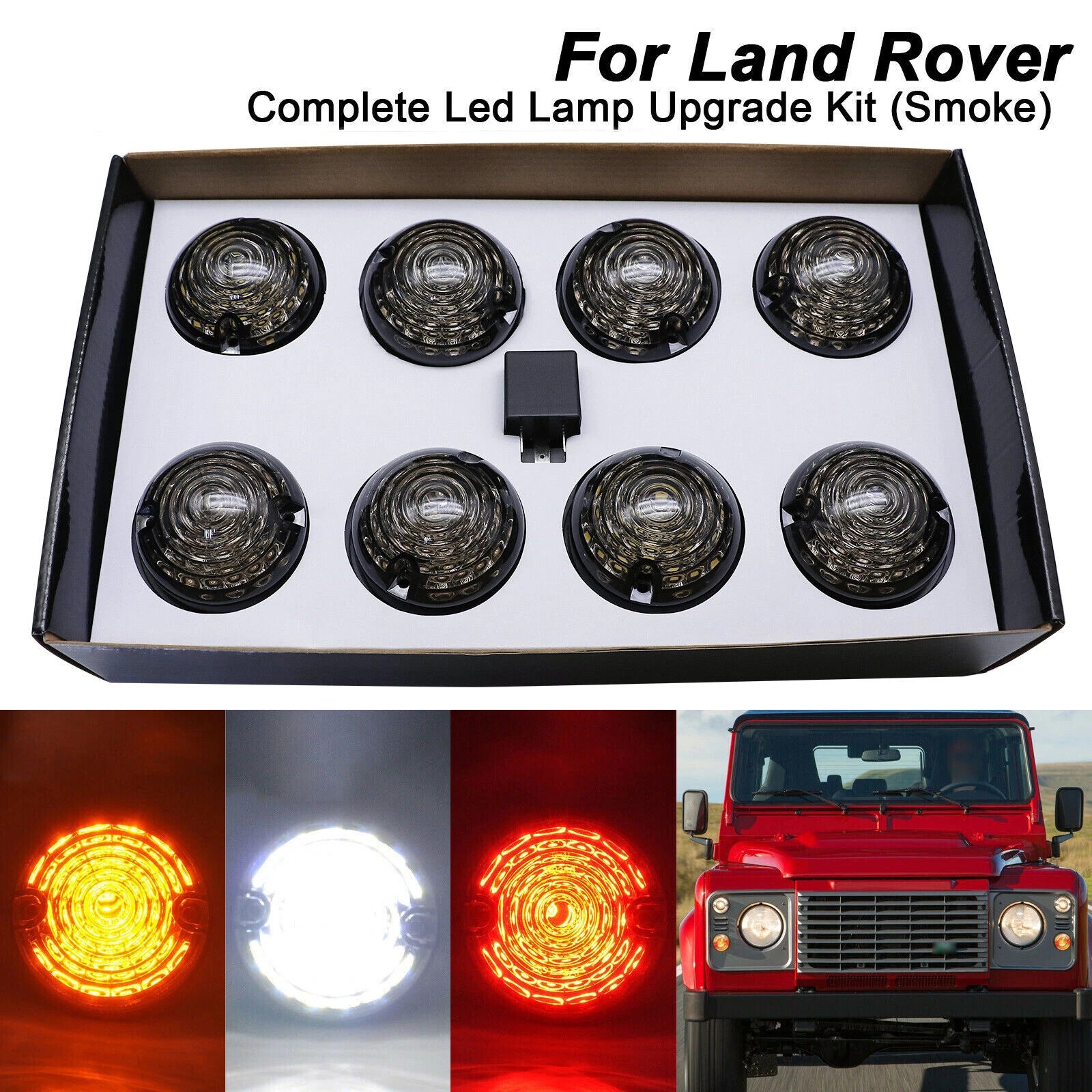 8Pc Smoked LED Light Upgrade Kit for Land Rover 90/110 (1983–2016)