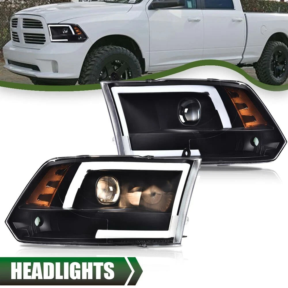 LED Tube DRL for Dodge Ram 1500 2500 3500 (2009–2018) Black Projector Headlights