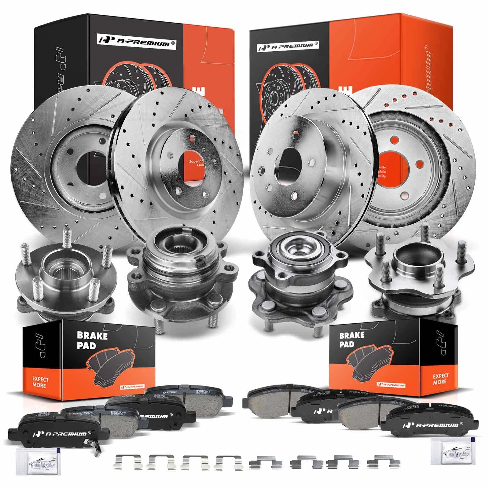 Set of 16 Drilled Brake Rotors and Pads for Nissan