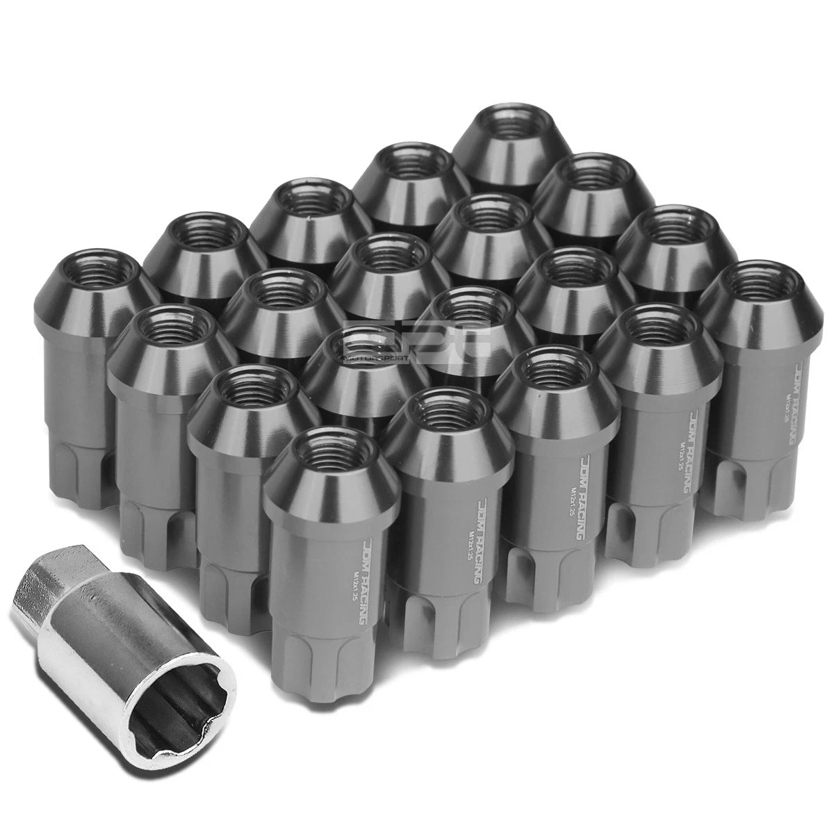 Set of 20 Open End M12x1.25 50mm Tall Gun Metal Aluminum Lug Nuts + Lock Key