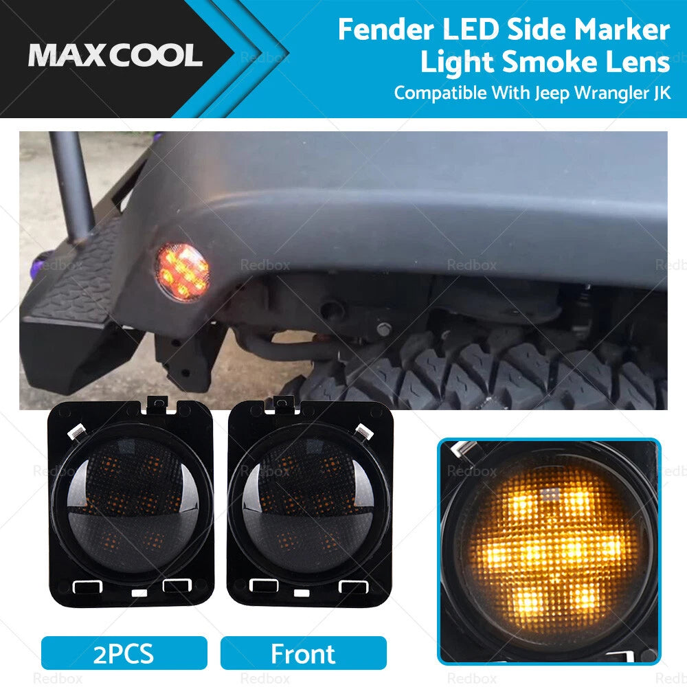 2X Front LED Side Marker Light Smoke for Jeep Wrangler JK (2007–2018)
