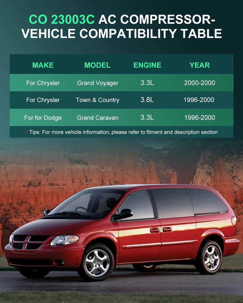 A/C Compressor for Dodge Caravan, Grand Voyager, Plymouth Voyager (1996–2003)
