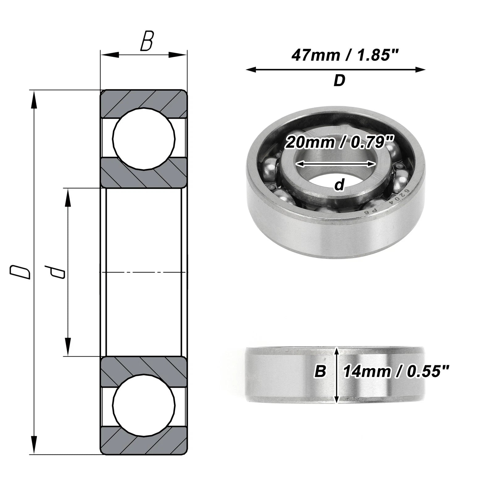 6204 Deep Groove Ball Bearing for Scooter Skateboard Wheel (P6 20x47x14mm)