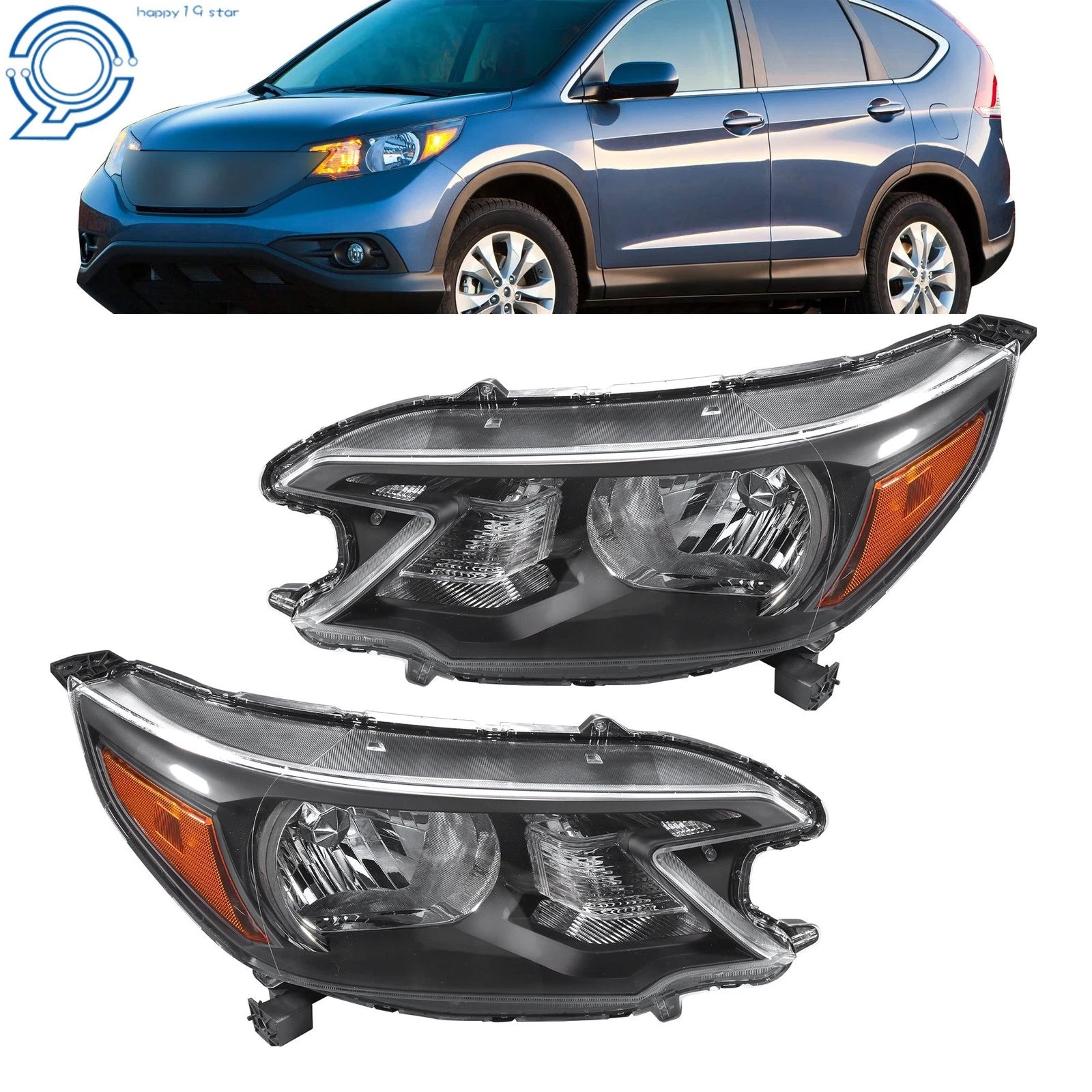 Halogen Front Headlights Pair for Honda CR-V (2012–2014) Black Housing