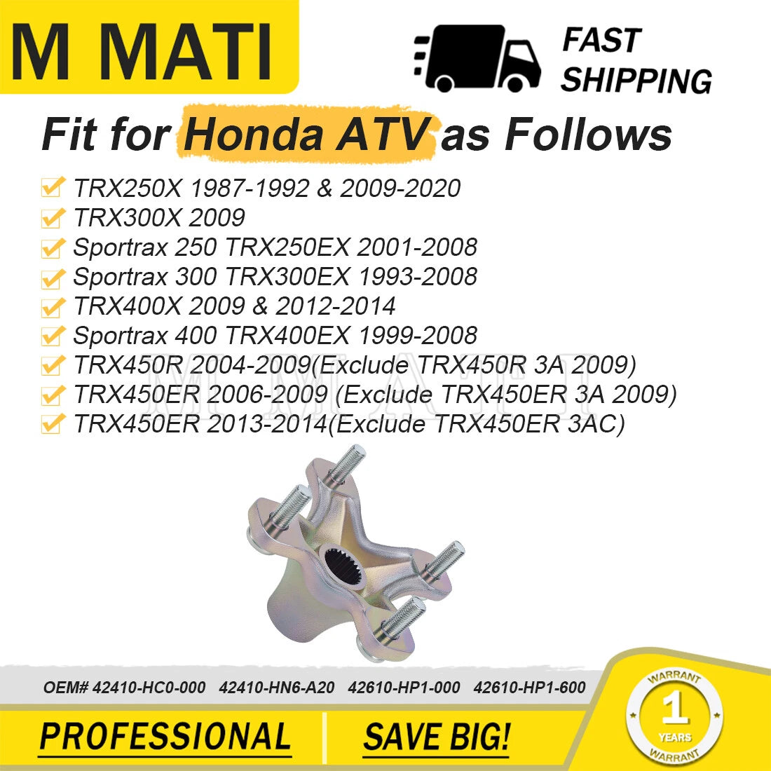 Rear Wheel Hub for Honda TRX450ER (2006–2009, 2013–2014) 42610-HP1-600